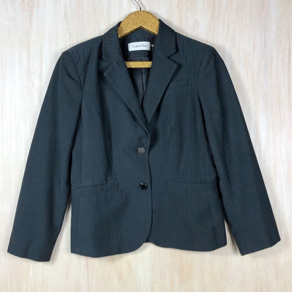 Calvin Klein Gray Button Pin Stripe Career Workwear Business Office Blazer 6